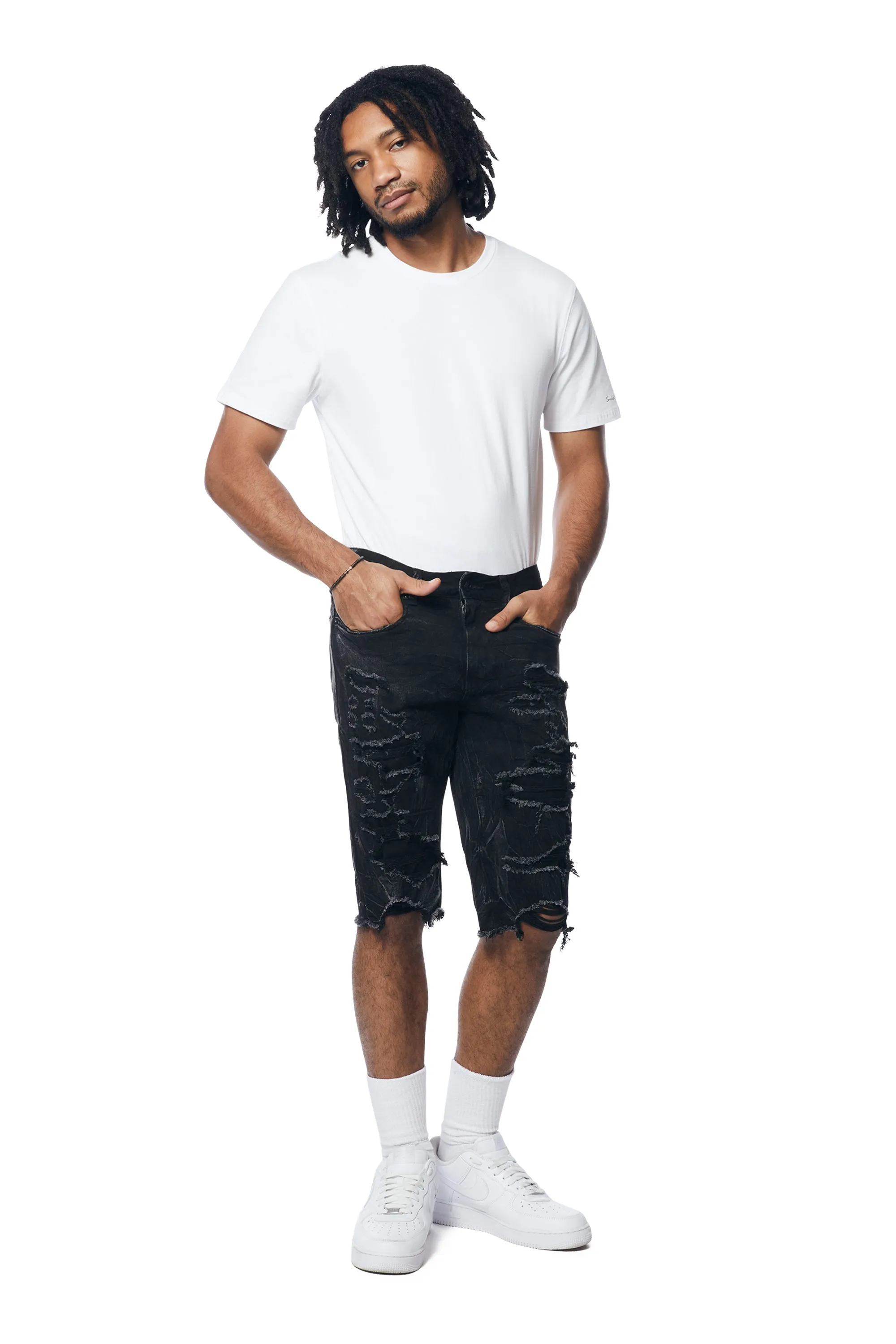 Distressed Rip & Repair Jean Shorts - Black Matrix