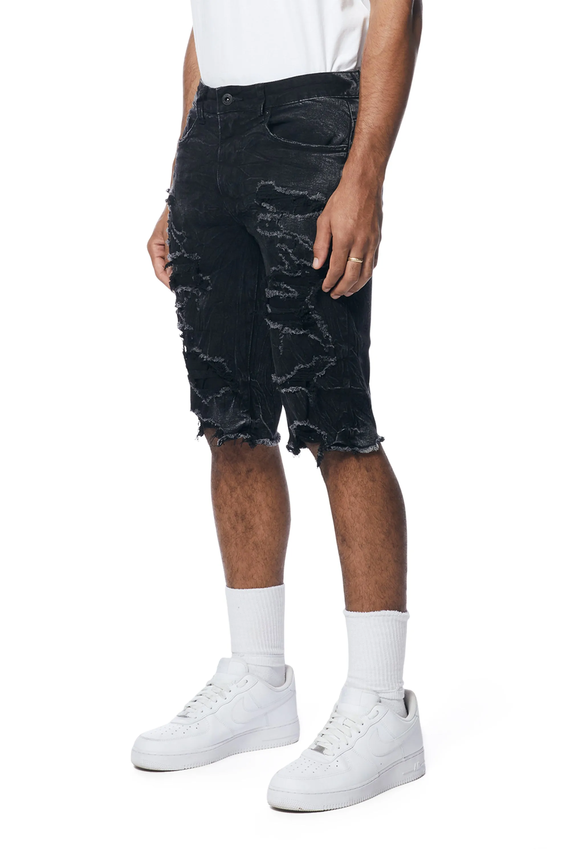 Distressed Rip & Repair Jean Shorts - Black Matrix