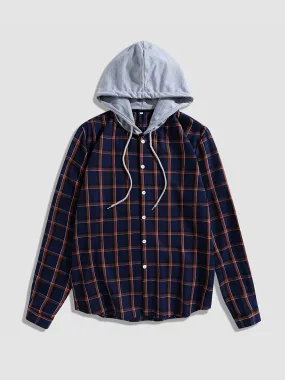 Drawstring Hooded Plaid Button Up Shirts