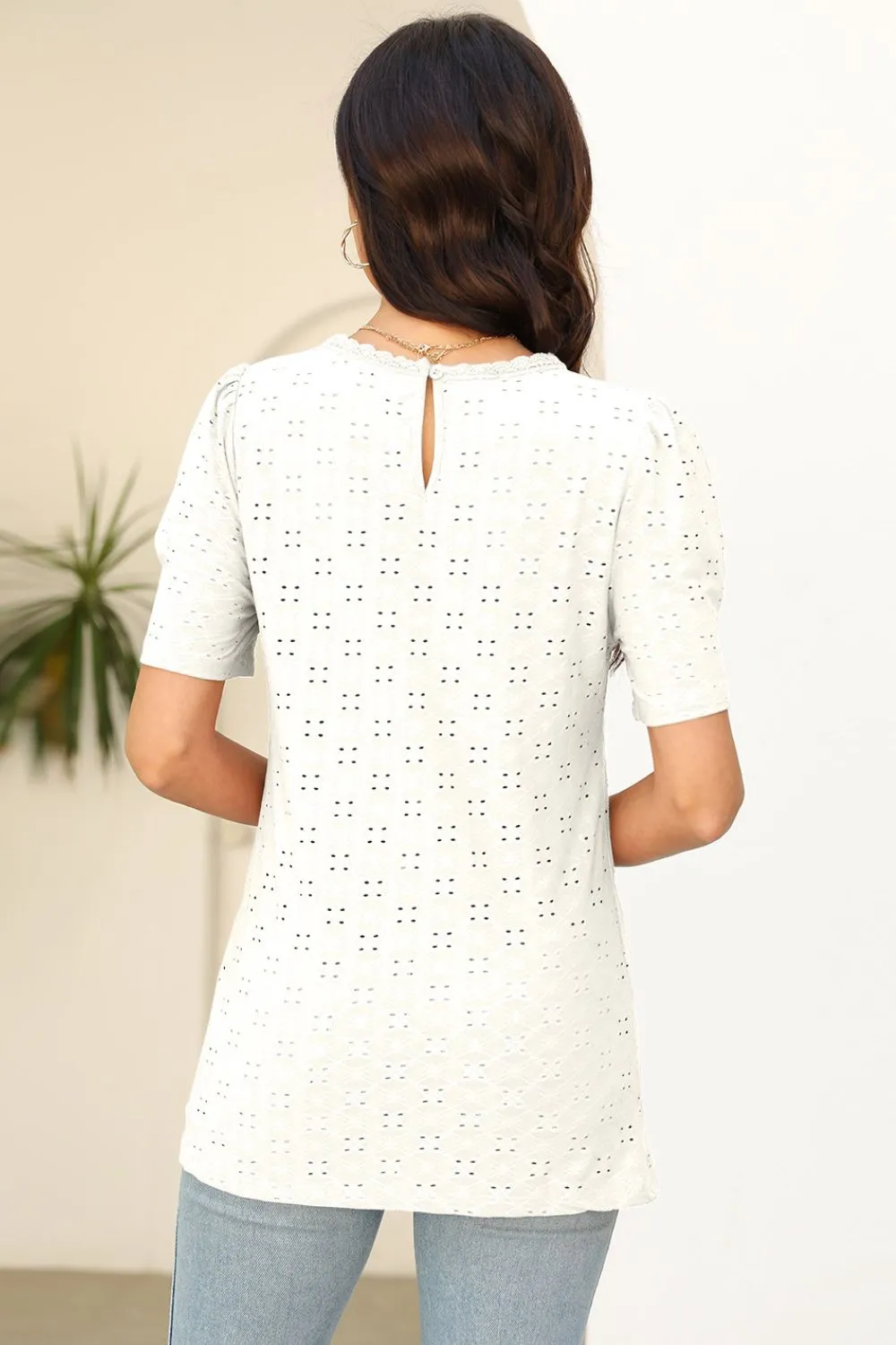 Eyelet Round Neck Short Sleeve T-Shirt