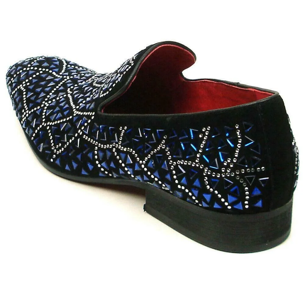 Fiesso Black Suede Blue Rhinestones Formal Entertainer Slip on Shoes FI 7415