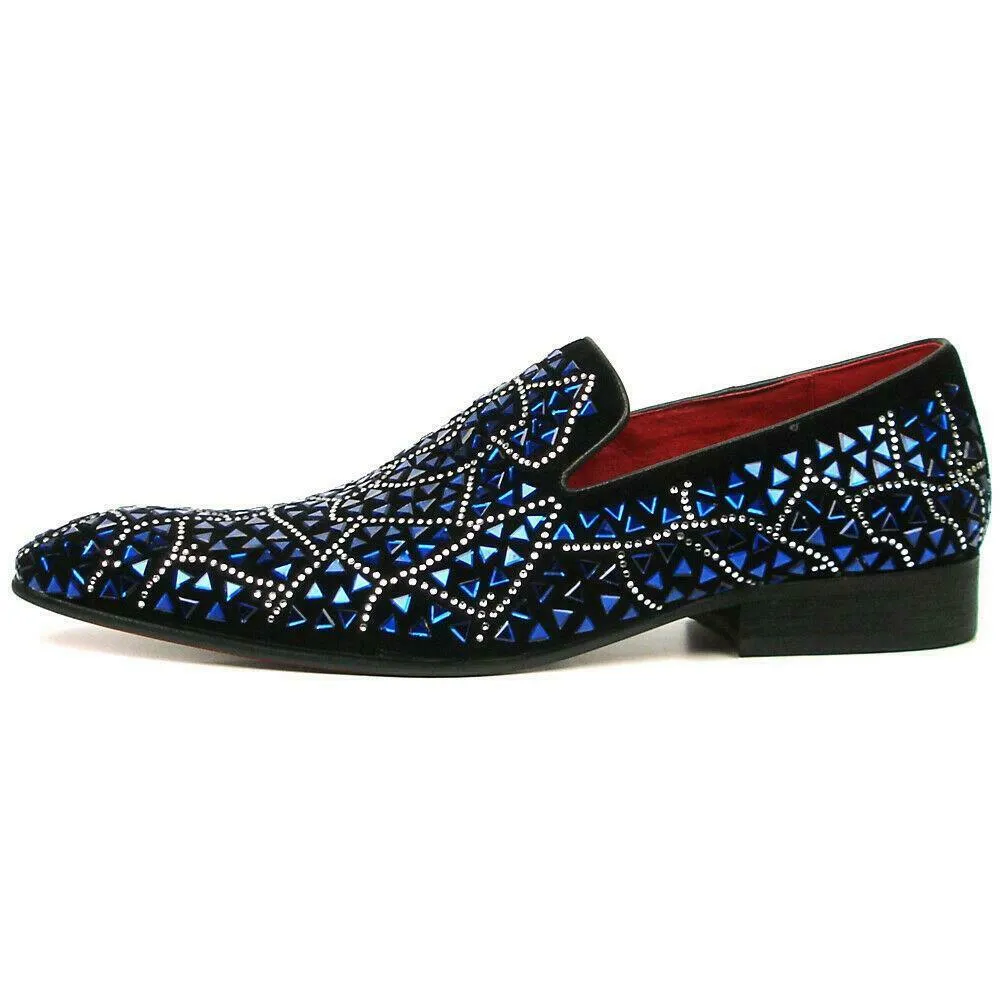 Fiesso Black Suede Blue Rhinestones Formal Entertainer Slip on Shoes FI 7415