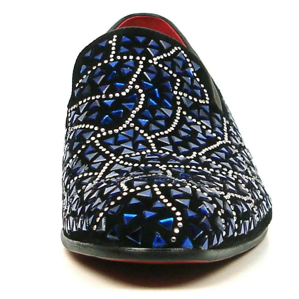 Fiesso Black Suede Blue Rhinestones Formal Entertainer Slip on Shoes FI 7415