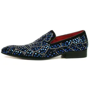 Fiesso Black Suede Blue Rhinestones Formal Entertainer Slip on Shoes FI 7415