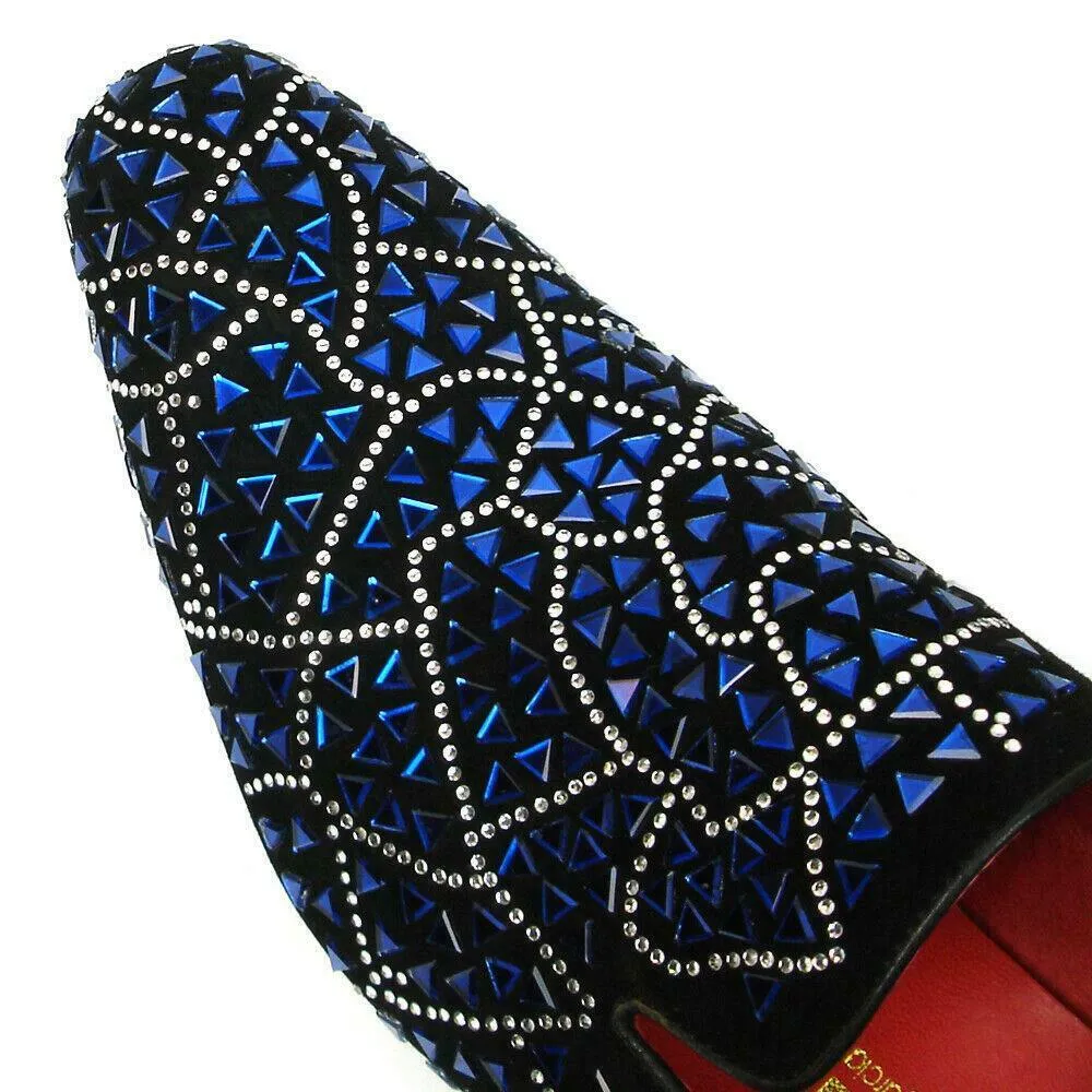 Fiesso Black Suede Blue Rhinestones Formal Entertainer Slip on Shoes FI 7415