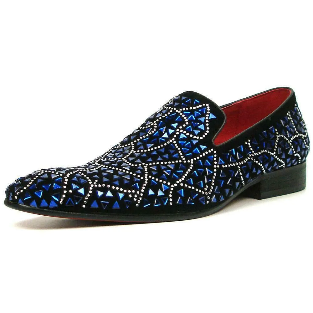 Fiesso Black Suede Blue Rhinestones Formal Entertainer Slip on Shoes FI 7415