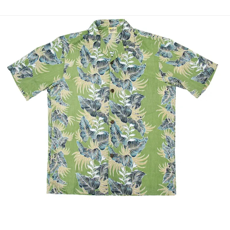 Leafy Panel Print Work Hawaiian Shirt | Blue, Green