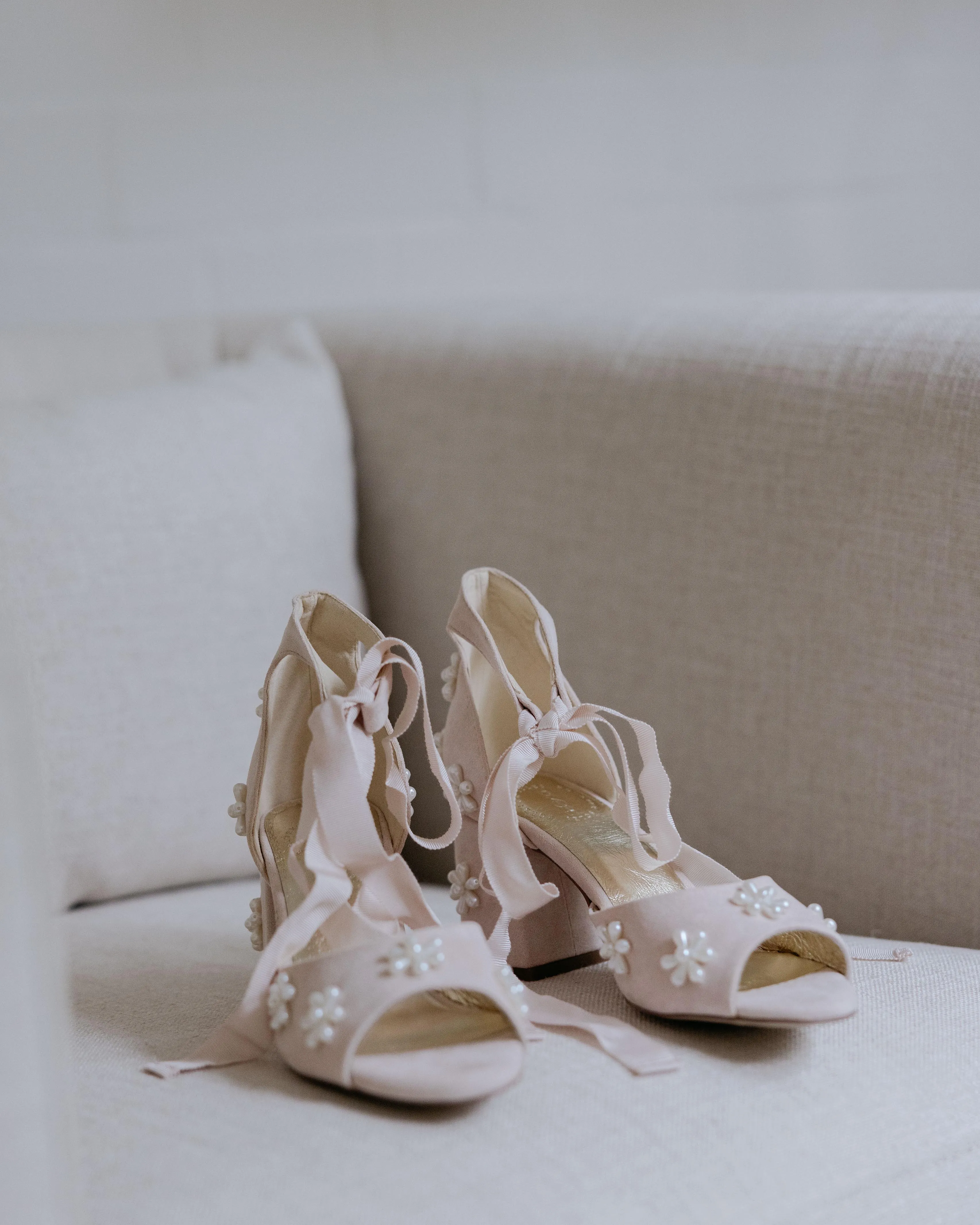 MELODY - PALE PINK FLOWER BRIDAL SHOES LOW BLOCK HEEL