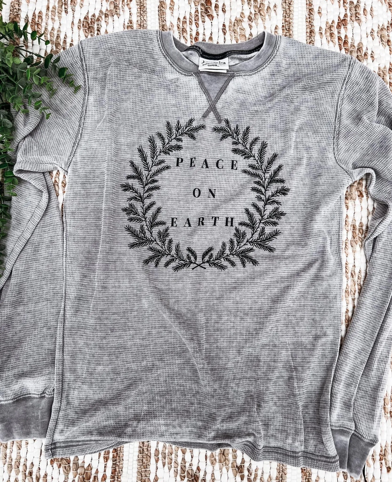 {PEACE ON EARTH} Cement Thermal Crew Neck Long-Sleeve Tee