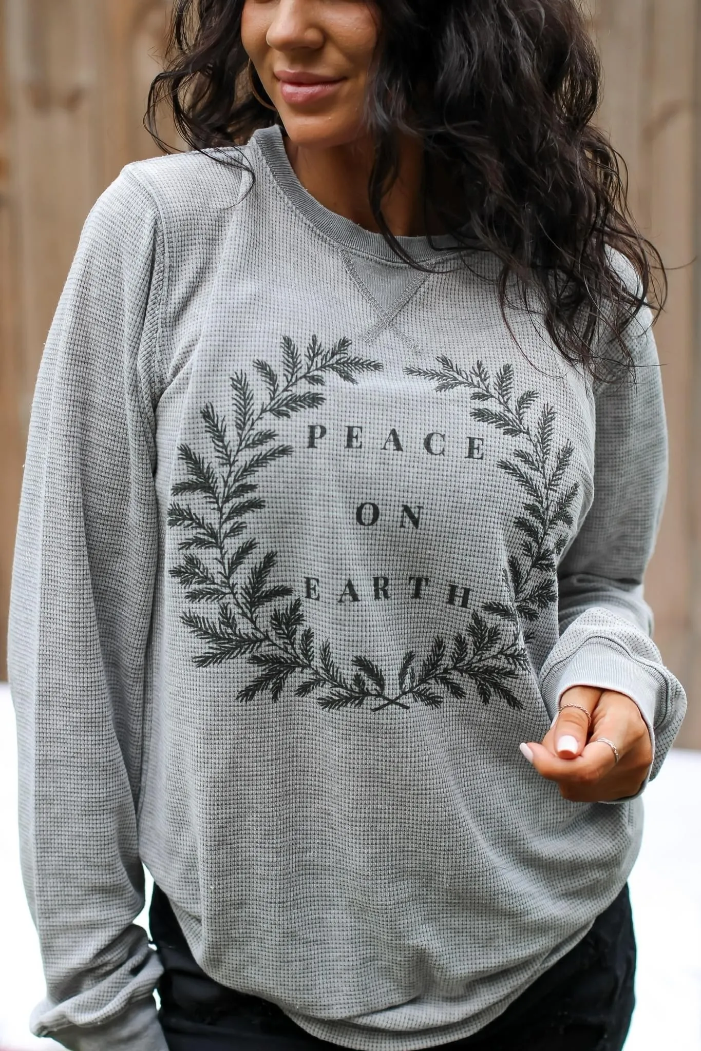 {PEACE ON EARTH} Cement Thermal Crew Neck Long-Sleeve Tee