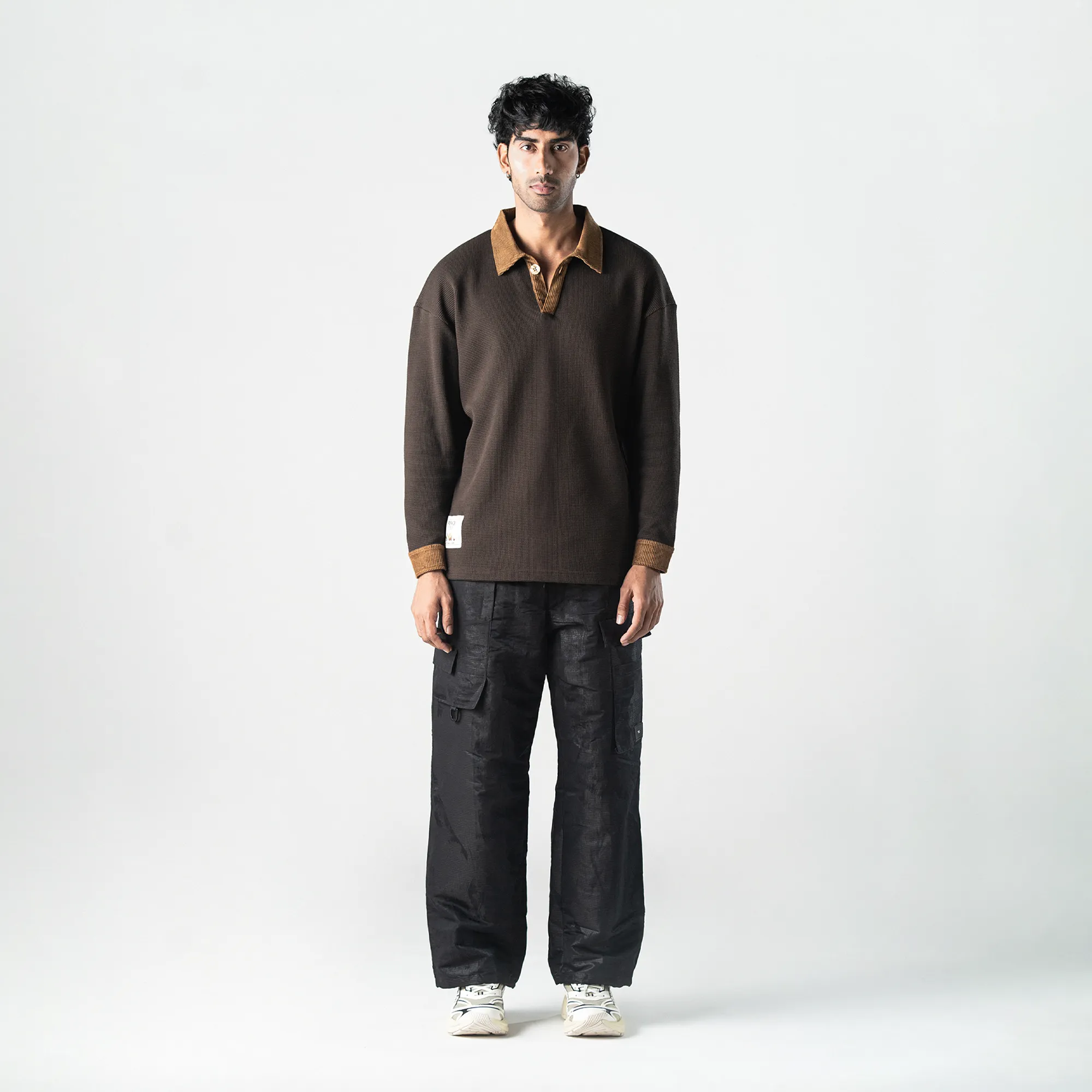 POLO: WAFFLE KNIT WITH CORDUROY DETAILS 'BROWN'