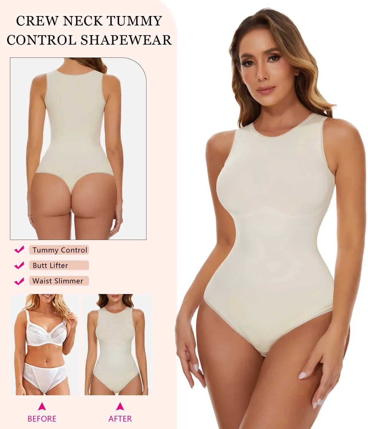 Shapewear Bodysuits for Women Tummy Control - Sleeveless Crew Neck Thong Boduysuit Seamless Sculpting Body Shaper