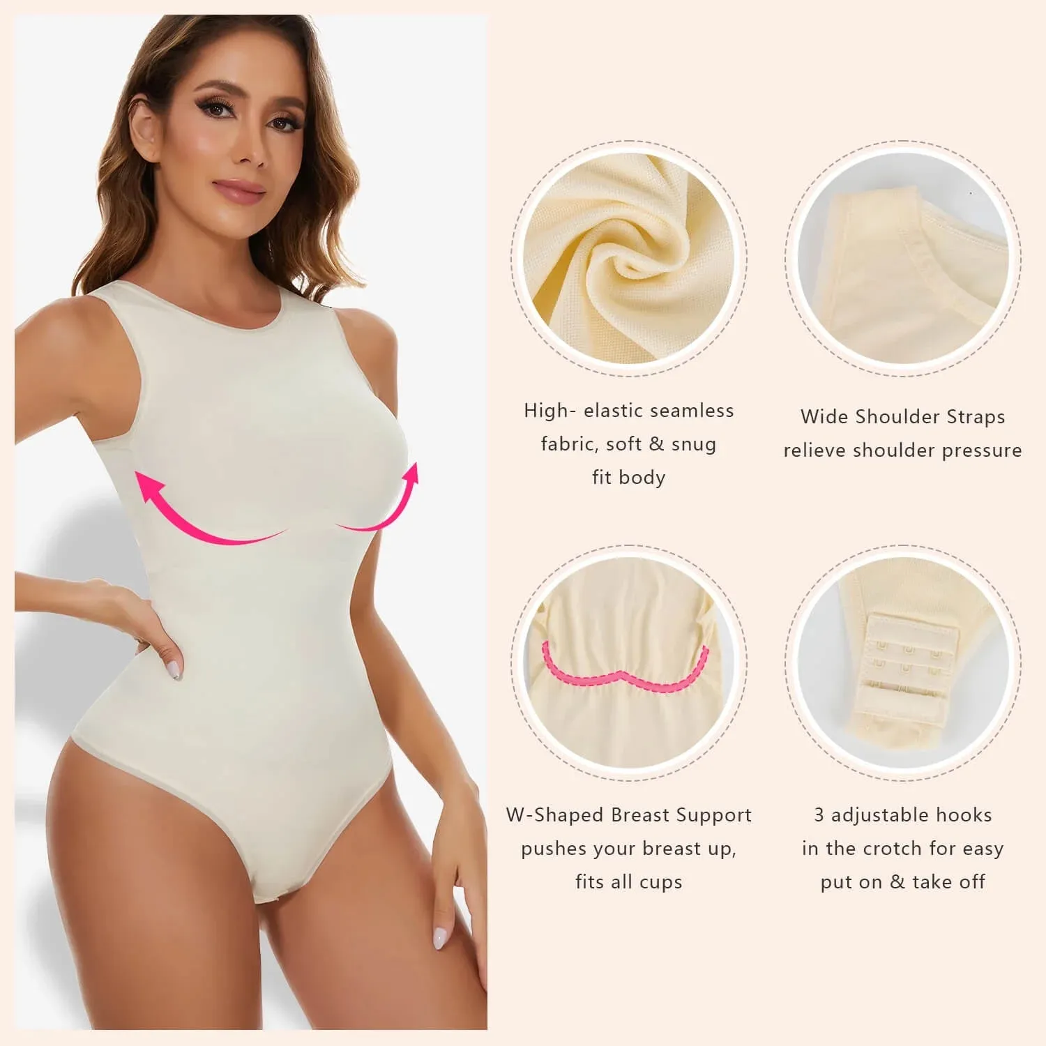 Shapewear Bodysuits for Women Tummy Control - Sleeveless Crew Neck Thong Boduysuit Seamless Sculpting Body Shaper