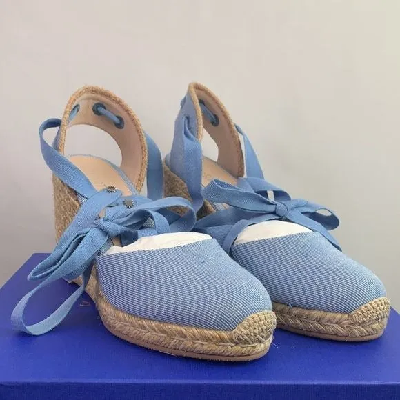 Stuart Weitzman NIB blue ankle tie straw wedges