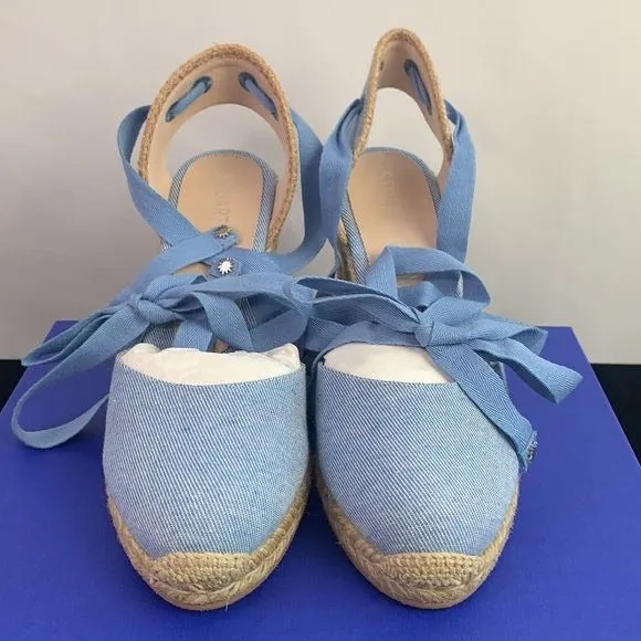 Stuart Weitzman NIB blue ankle tie straw wedges