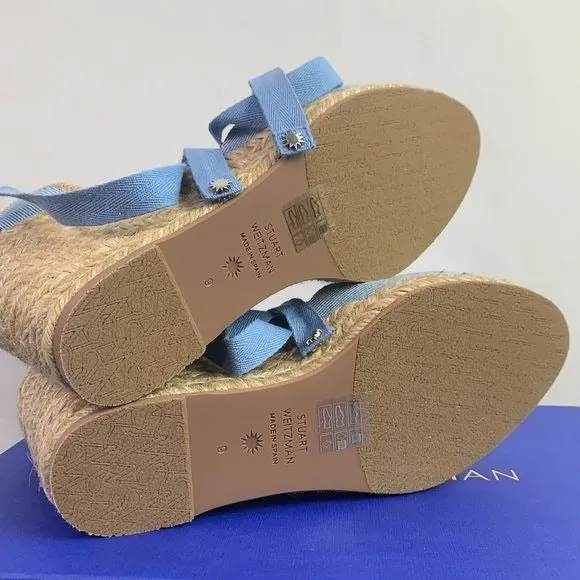 Stuart Weitzman NIB blue ankle tie straw wedges