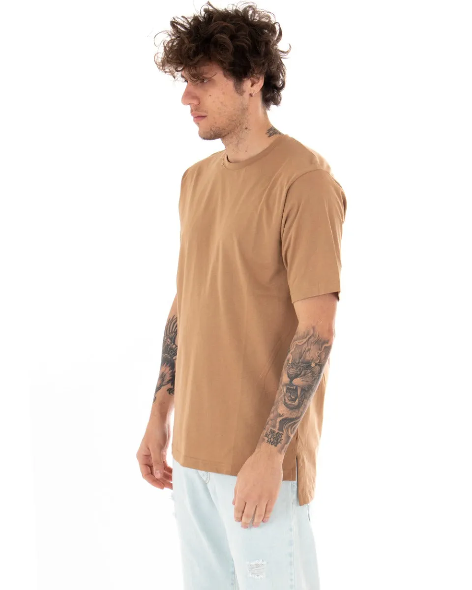 T-shirt Uomo Basic Tinta Unita Camel Girocollo Manica Corta Casual Spacchi GIOSAL-TS2932A