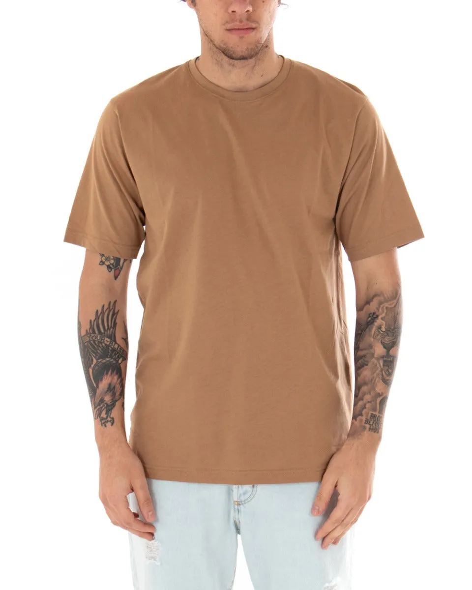 T-shirt Uomo Basic Tinta Unita Camel Girocollo Manica Corta Casual Spacchi GIOSAL-TS2932A