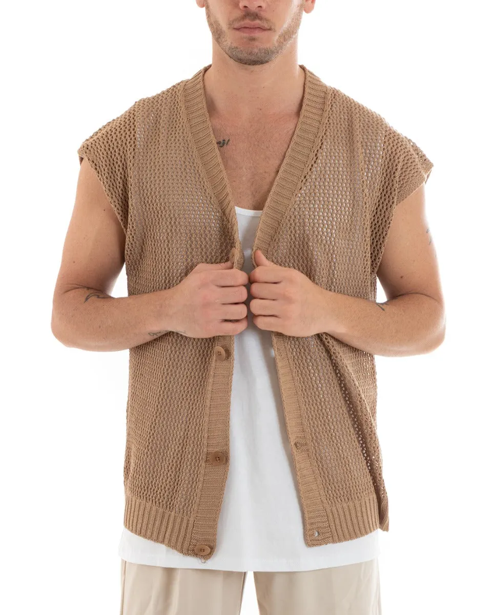 T-shirt Uomo Maglia Traforata Cardigan Con Bottoni Tinta Unita Camel Casual GIOSAL-TS2897A