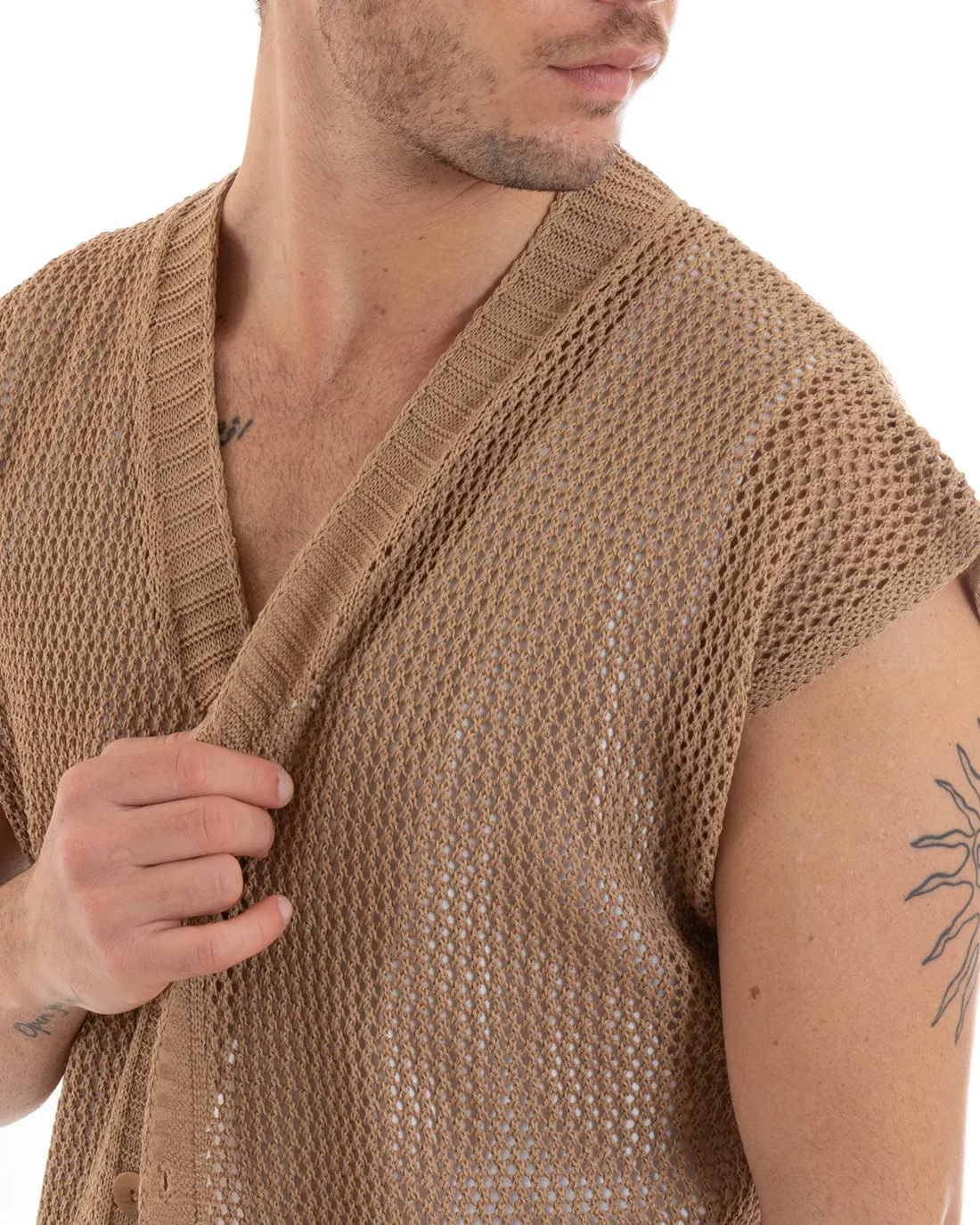 T-shirt Uomo Maglia Traforata Cardigan Con Bottoni Tinta Unita Camel Casual GIOSAL-TS2897A