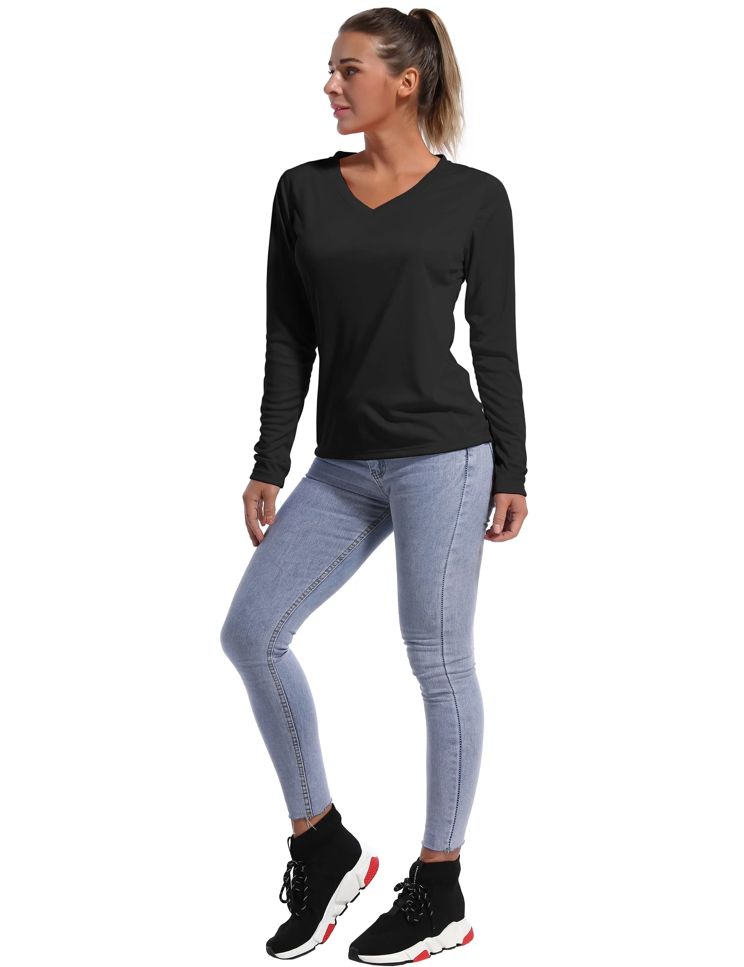 V Neck Long Sleeve Athletic Shirts black_yogastudio