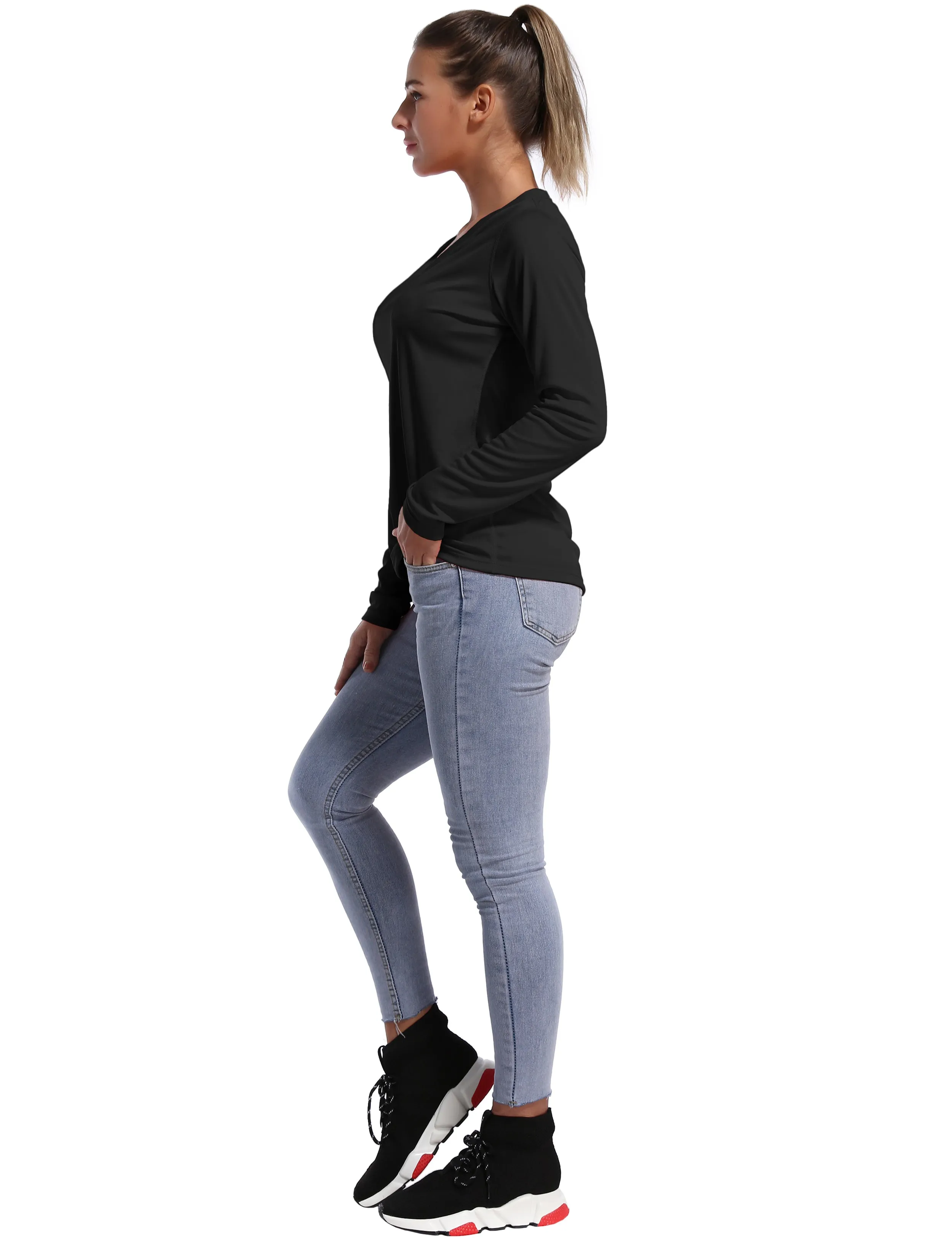 V Neck Long Sleeve Athletic Shirts black_yogastudio