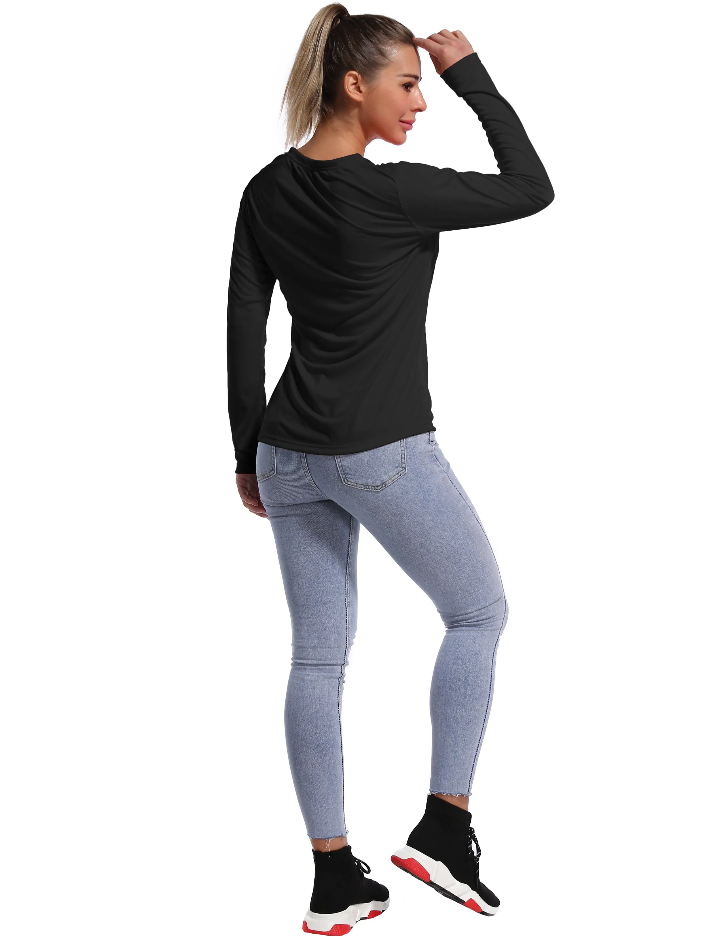 V Neck Long Sleeve Athletic Shirts black_yogastudio