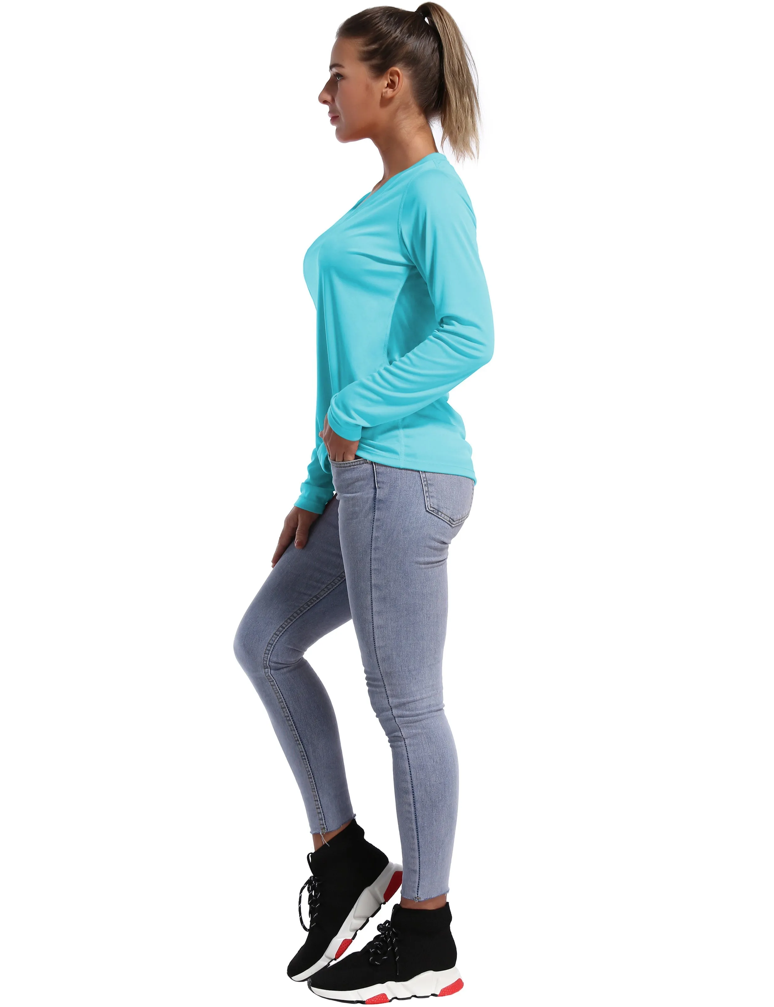 V Neck Long Sleeve Athletic Shirts blue_yogastudio