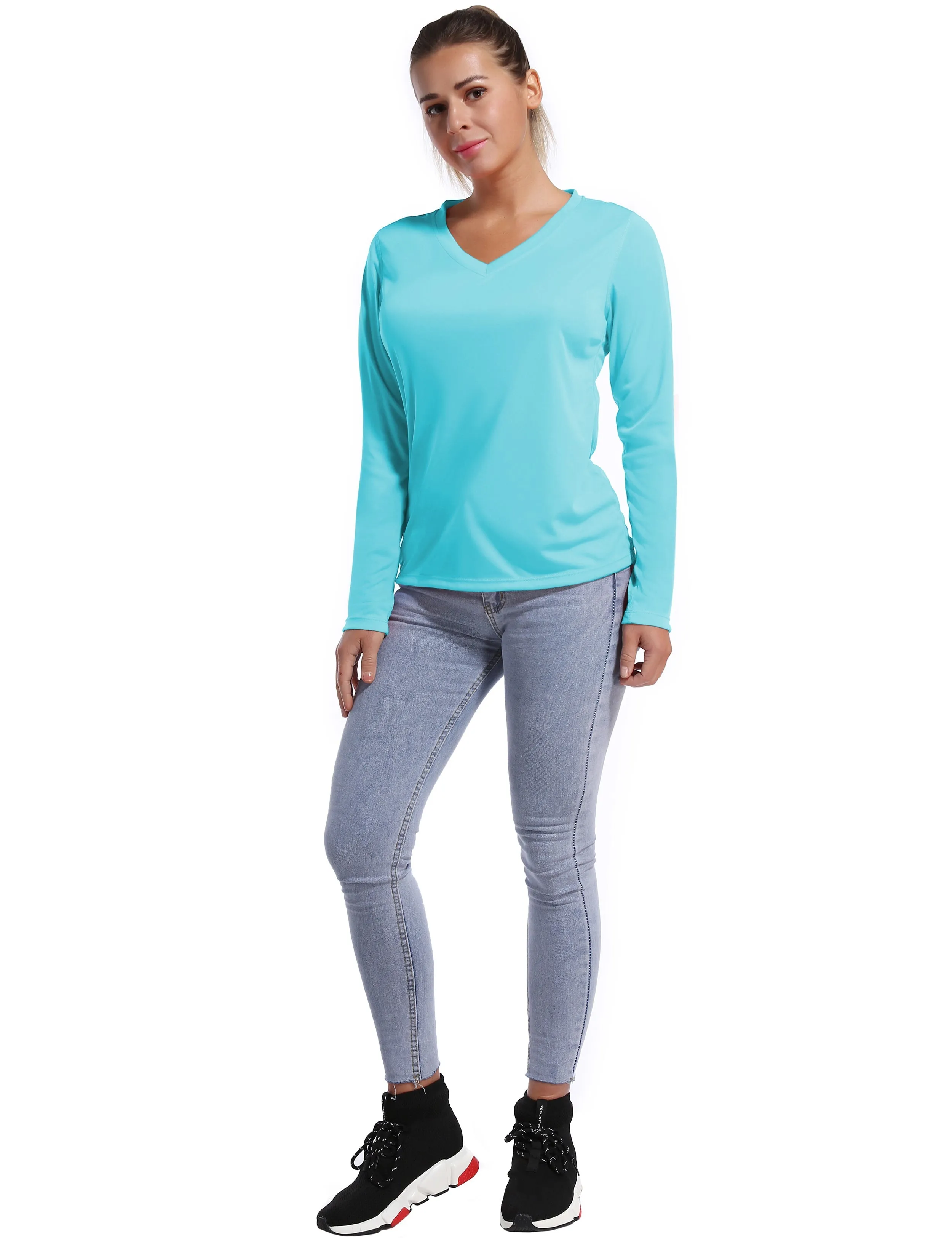 V Neck Long Sleeve Athletic Shirts blue_yogastudio