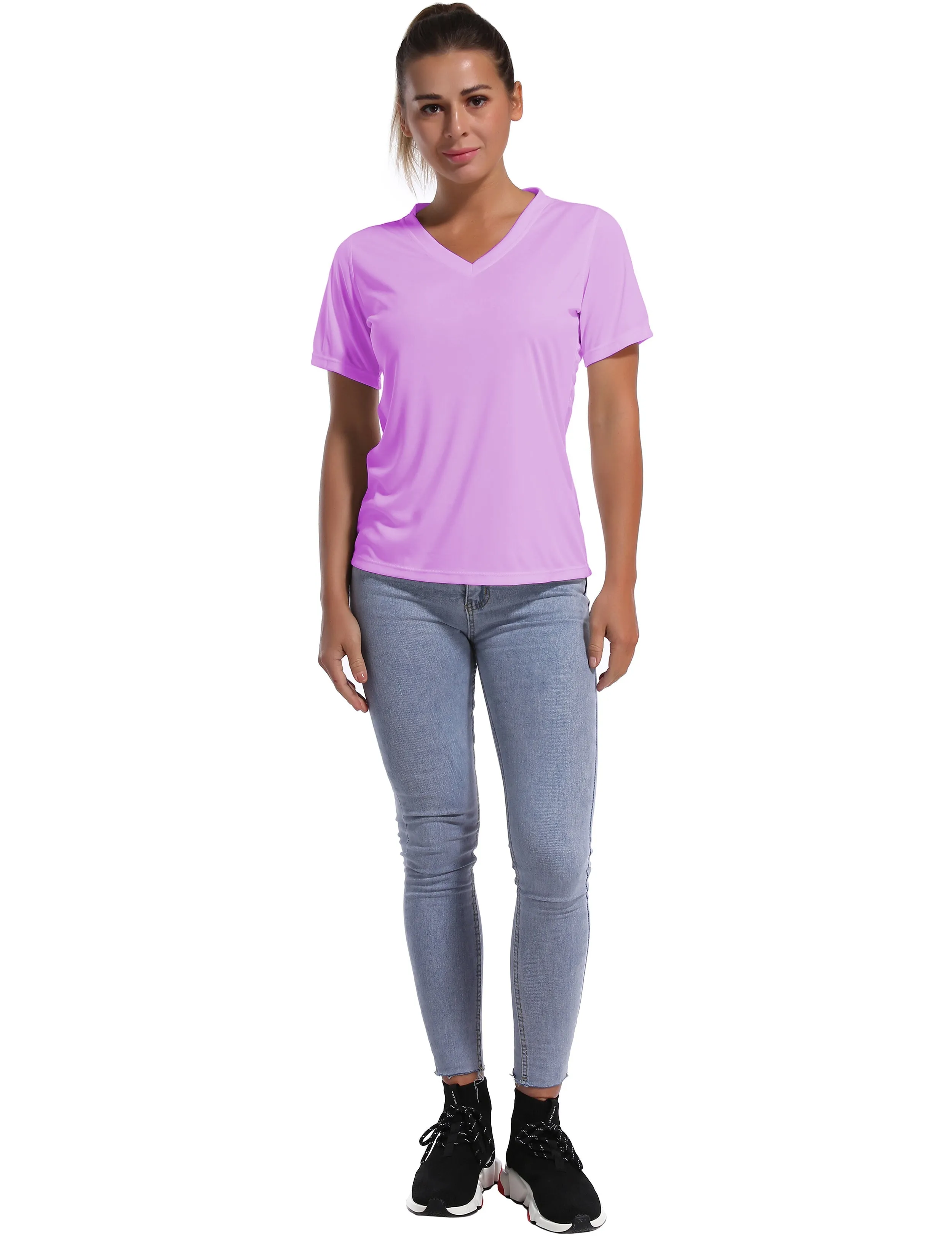 V-Neck Short Sleeve Athletic Shirts purple_yogastudio