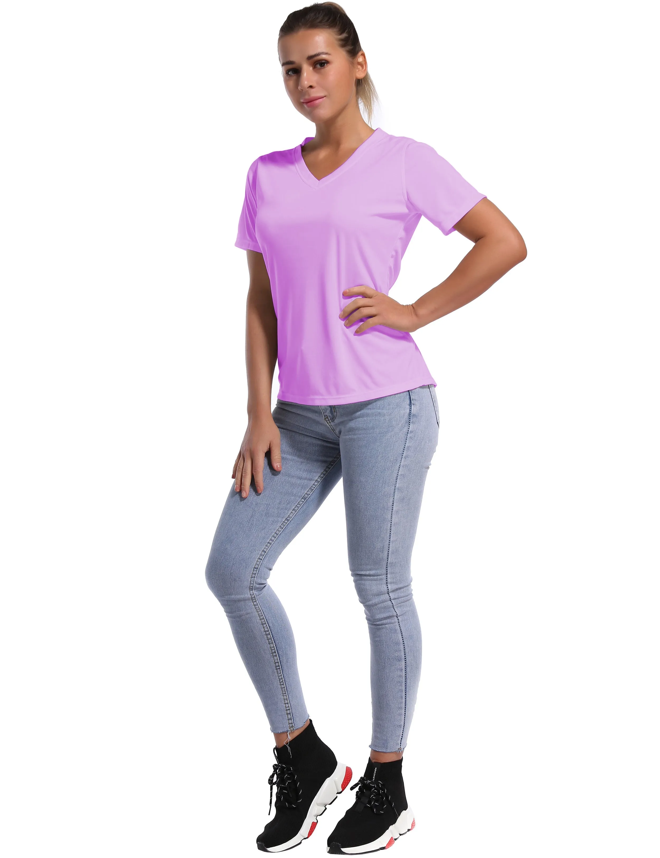 V-Neck Short Sleeve Athletic Shirts purple_yogastudio