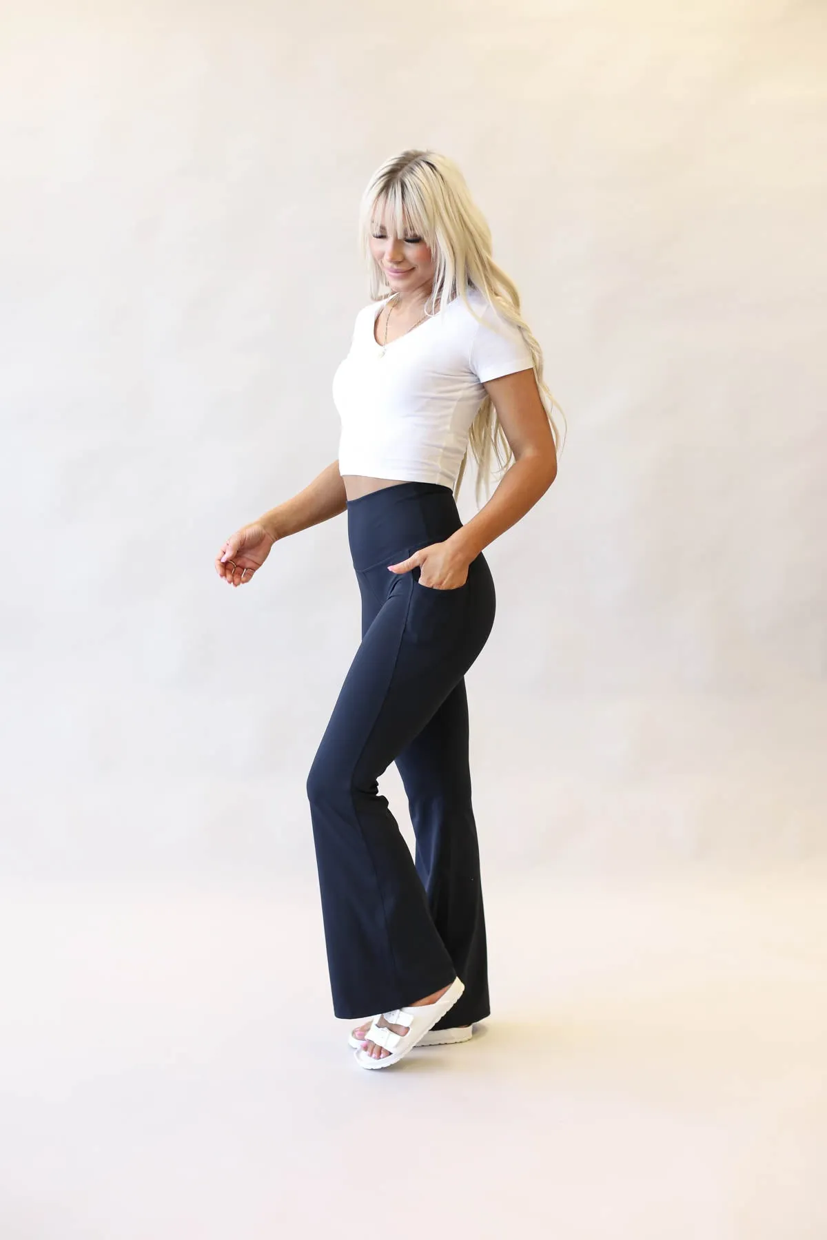 Wide Waistband Flare Comfy Pants With Pockets