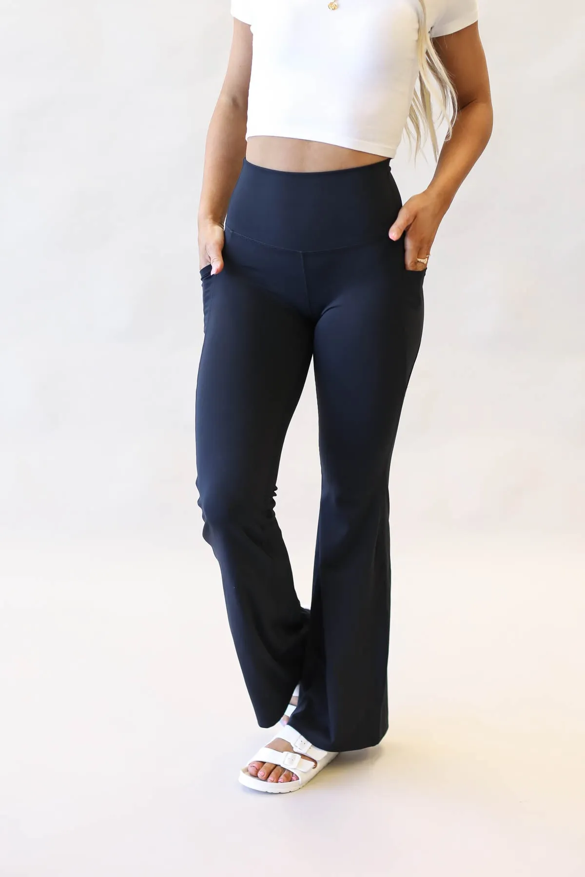 Wide Waistband Flare Comfy Pants With Pockets